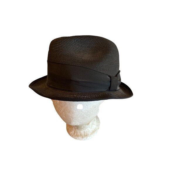 Vintage Worth Hoats Genuine Milan Straw Fedora Hat Black 7 1/4 - Picture 1 of 5